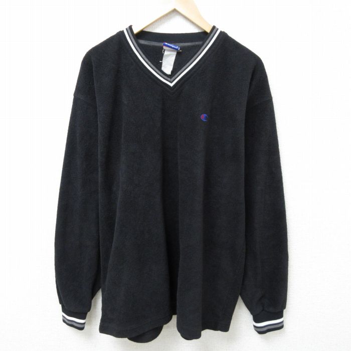XL★古着 チャンピオン Champion 長袖 トップス メンズ ワンポイントロゴ パイル地 Vネック 黒 ブラック 25feb19 中古 スエット トレーナー