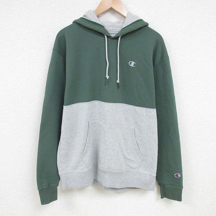 L★古着 チャンピオン Champion 長袖 スウェット パーカー メンズ ワンポイントロゴ ツートンカラー 薄緑 グリーン 25feb20 中古 スエット トレーナー トップス