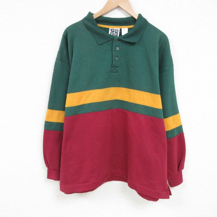 XL★古着 長袖 スウェット メンズ 90年代 90s マルチカラー 大きいサイズ クルーネック 緑 グリーン 25feb20 中古 スエット トレーナー トップス