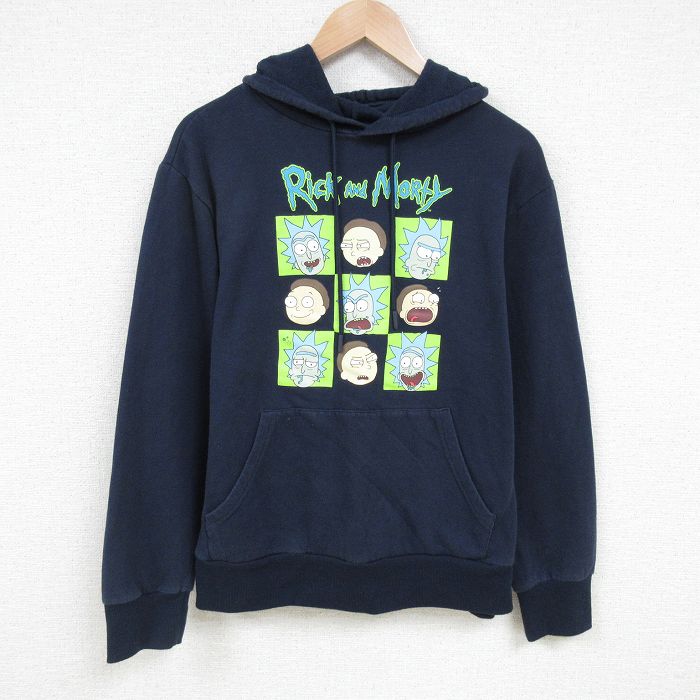 【50%OFF】L★古着 長袖 スウェット パーカー メンズ アニメ リックアンドモーティ 濃紺 ネイビー 25feb20 中古 スエット トレーナー トップス