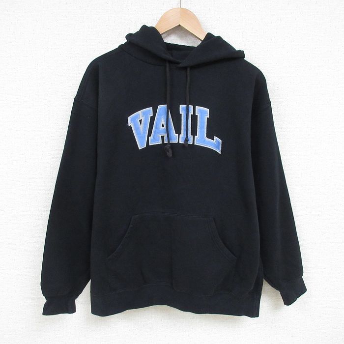 【50%OFF】L★古着 ジャンスポーツ 長袖 スウェット パーカー メンズ 00年代 00s VAIL 刺繍 黒 ブラック 25feb20 中古 スエット トレーナー トップス