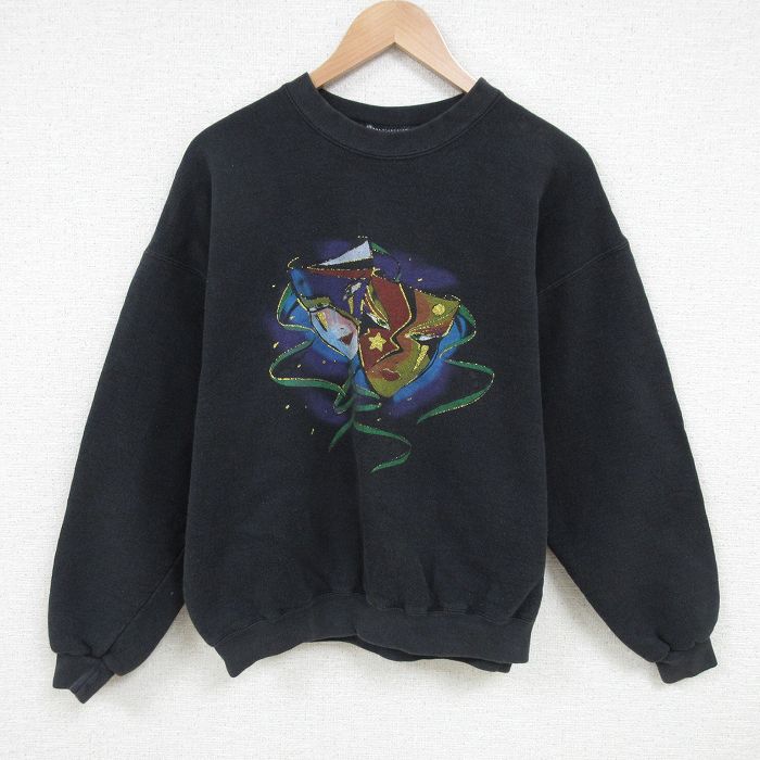 XL★古着 リー Lee 長袖 スウェット メンズ 90年代 90s 仮面 クルーネック 黒 ブラック 25feb20 中古 スエット トレーナー トップス
