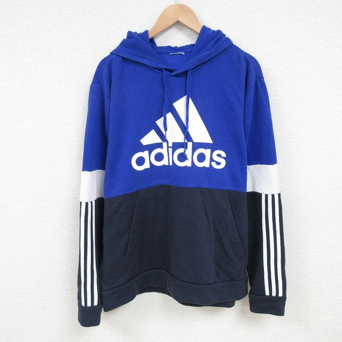 XL★古着 アディダス adidas 長袖 スウェット パーカー メンズ ビッグロゴ マルチカラー 青 ブルー 25feb20 中古 スエット トレーナー トップス