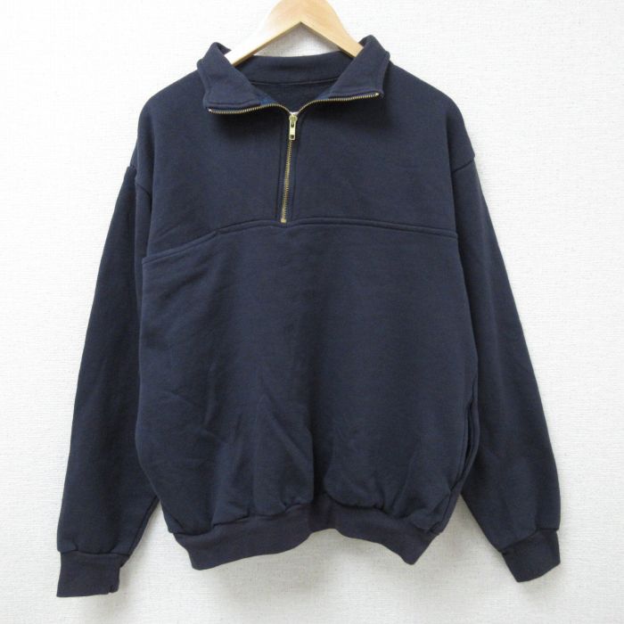 XL★古着 長袖 ハーフジップ スウェット メンズ 90年代 90s 無地 胸ポケット付き 大きいサイズ USA製 紺 ネイビー 【spe】 25feb26 中古 スエット トレーナー トップス