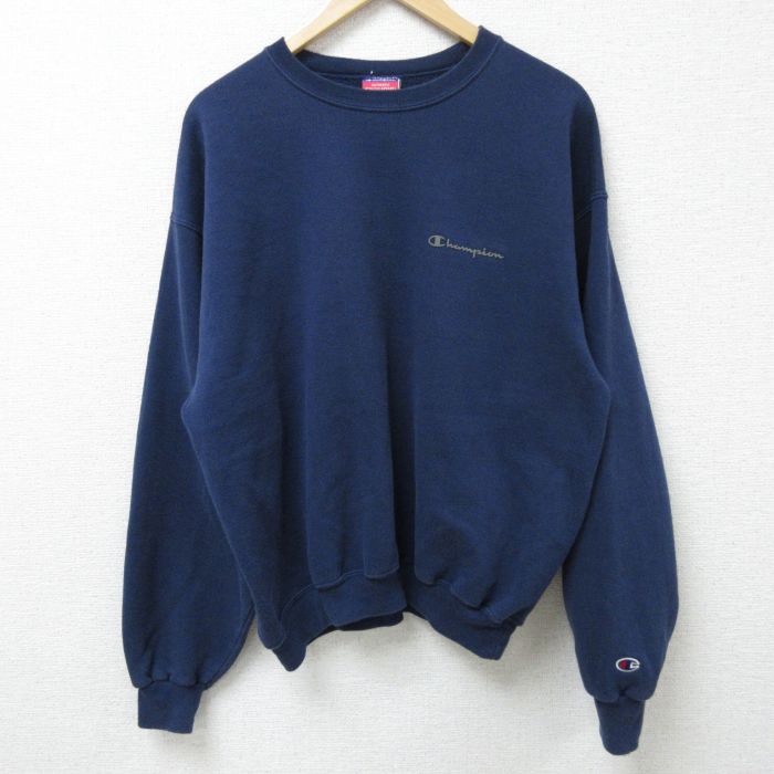 L★古着 チャンピオン Champion 長袖 スウェット メンズ 00年代 00s ワンポイントロゴ クルーネック 紺 ネイビー 25feb26 中古 スエット トレーナー トップス