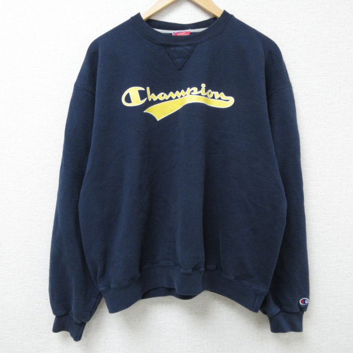 XL★古着 チャンピオン Champion 長袖 スウェット メンズ 00年代 00s ビッグロゴ クルーネック 紺 ネイビー 25feb26 中古 スエット トレーナー トップス