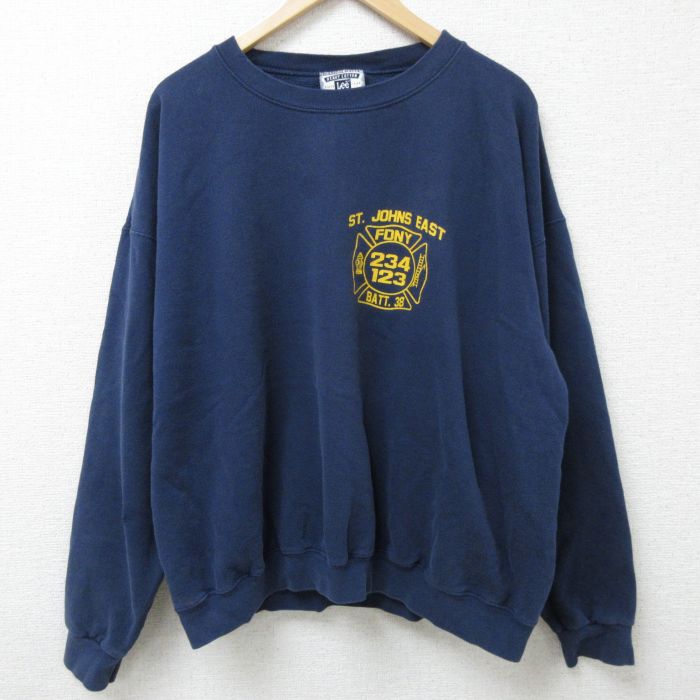 XL★古着 リー Lee 長袖 スウェット メンズ 90年代 90s FDNY 消防署 大きいサイズ クルーネック USA製 紺 ネイビー 25feb26 中古 スエット トレーナー トップス