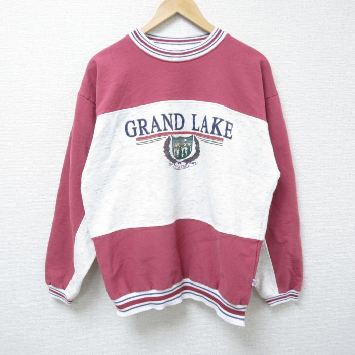 L★古着 長袖 スウェット メンズ 90年代 90s GRAND LAKE ツートンカラー クルーネック USA製 エンジ他 霜降り 25feb26 中古 スエット トレーナー トップス