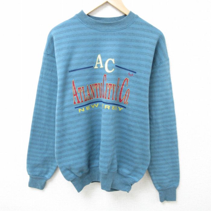 【50%OFF】L★古着 長袖 スウェット メンズ 90年代 90s ニュージャージー クルーネック USA製 青 ブルー ボーダー 25feb20 中古 スエット トレーナー トップス