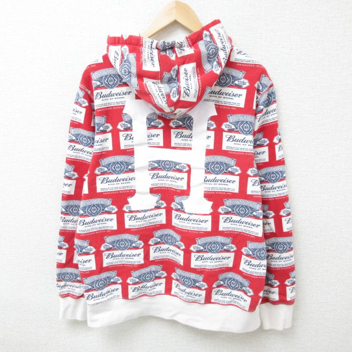 L★古着 ハフ 長袖 スウェット パーカー メンズ バドワイザー 総柄 コットン 赤 レッド 25feb20 中古 スエット トレーナー トップス