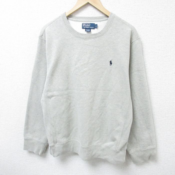 L★古着 ラルフローレン Ralph Lauren 長袖 ブランド スウェット メンズ 90年代 90s ワンポイントロゴ クルーネック グレー 霜降り 25feb20 中古 スエット トレーナー トップス