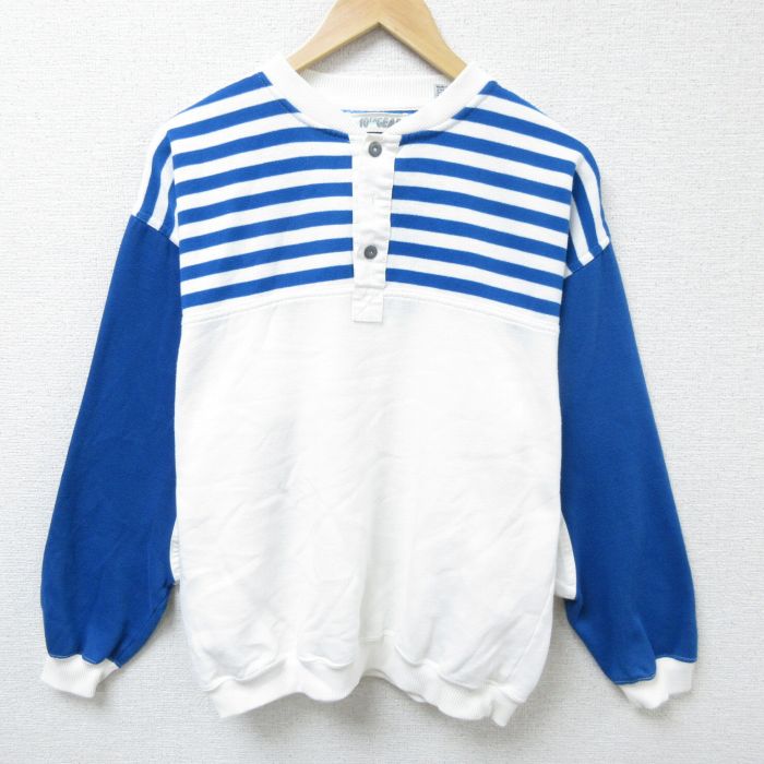 【50%OFF】L★古着 長袖 スウェット メンズ 90年代 90s ツートンカラー クルーネック 白他 ホワイト ストライプ 25feb20 中古 スエット トレーナー トップス