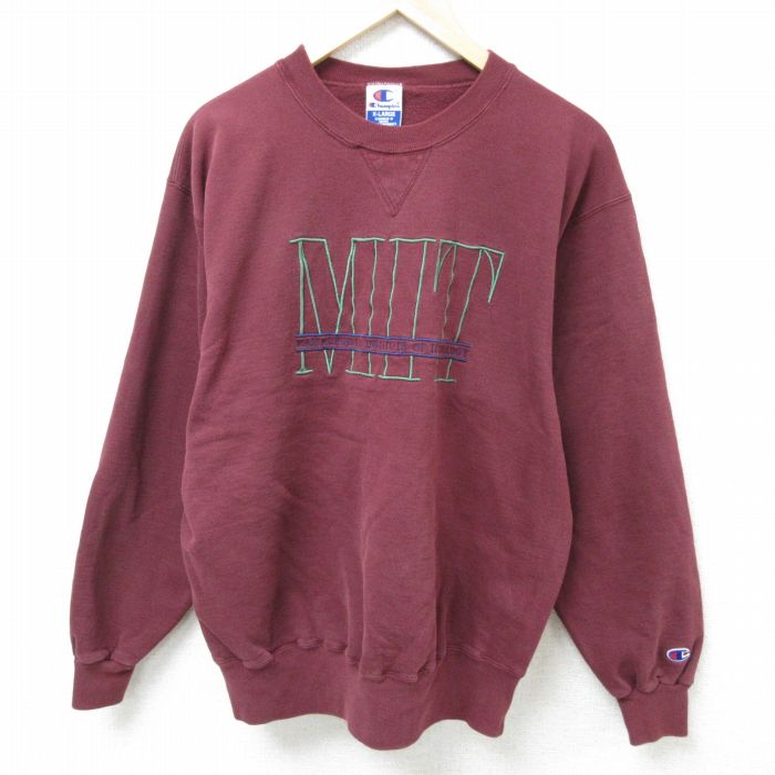 XL★古着 チャンピオン Champion 長袖 スウェット メンズ 90年代 90s マサチューセッツ 刺繍 クルーネック エンジ 25feb20 中古 スエット トレーナー トップス