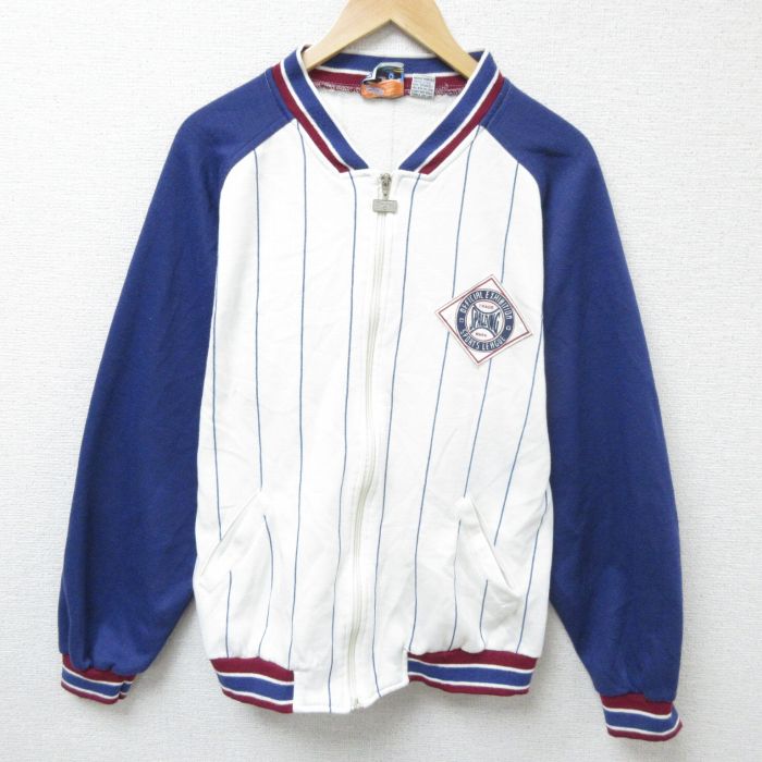 M★古着 スポルディング 長袖 フルジップ スウェット メンズ 90年代 90s ワンポイントロゴ ツートンカラー Vネック 白他 ホワイト ストライプ 25feb20 中古 スエット トレーナー トップス
