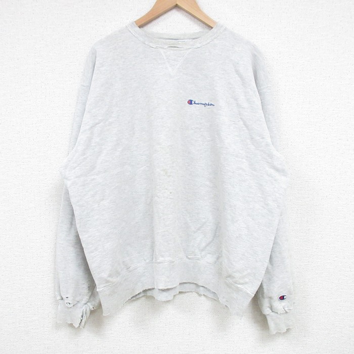 XL★古着 チャンピオン Champion 長袖 スウェット メンズ 90年代 90s ワンポイントロゴ ボロ 大きいサイズ クルーネック 薄グレー 霜降り 25feb20 中古 スエット トレーナー トップス