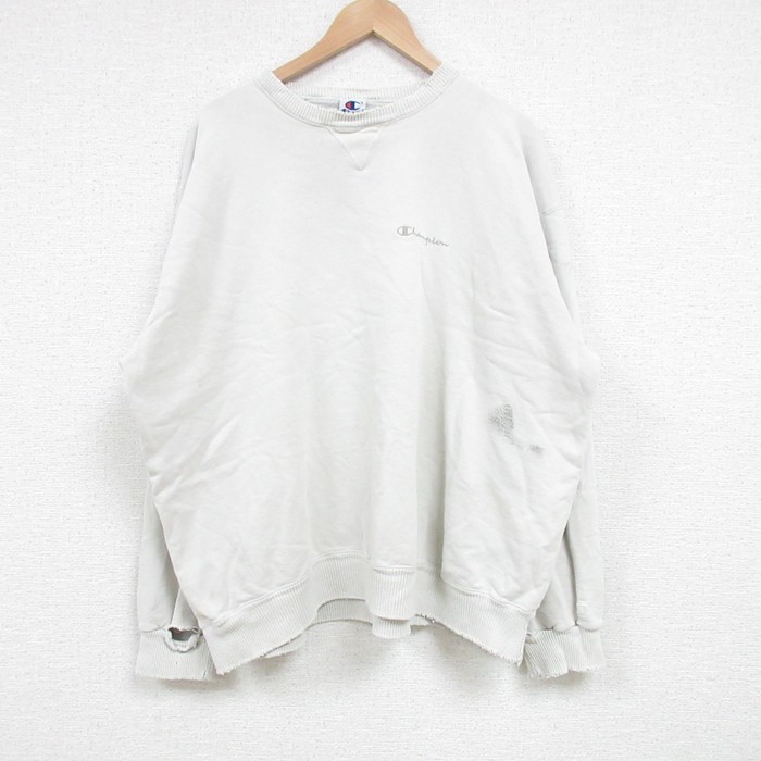 XL★古着 チャンピオン Champion 長袖 スウェット メンズ 00年代 00s ワンポイントロゴ 大きいサイズ クルーネック ベージュ カーキ 25feb20 中古 スエット トレーナー トップス