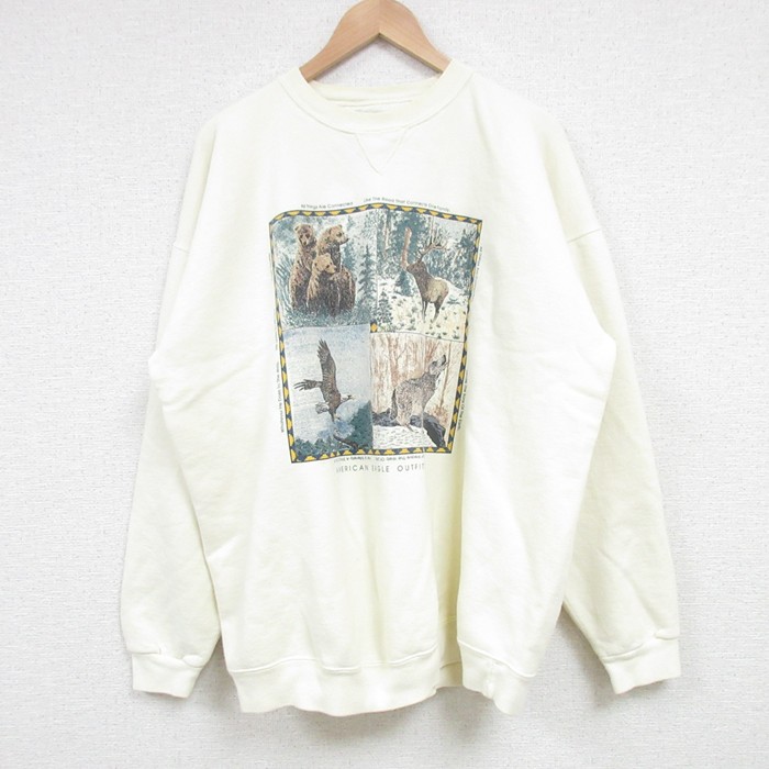XL★古着 アメリカンイーグル American Eagle 長袖 スウェット メンズ 90年代 90s 動物 大きいサイズ クルーネック USA製 薄黄 イエロー 【spe】 25feb20 中古 スエット トレーナー トップス