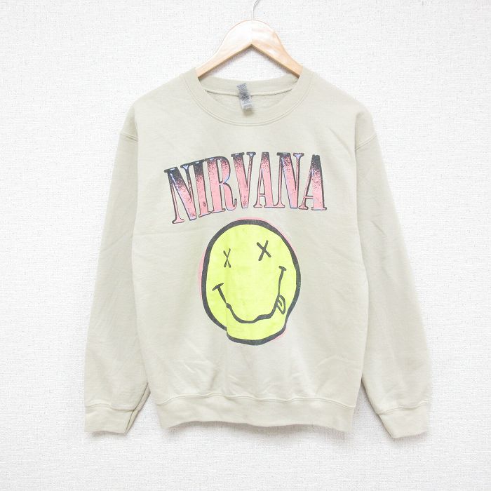 【20%OFF】S★古着 長袖 ロック バンド スウェット メンズ ニルバーナ ニルヴァーナ クルーネック ベージュ カーキ 25feb21 中古 スエット トレーナー トップス