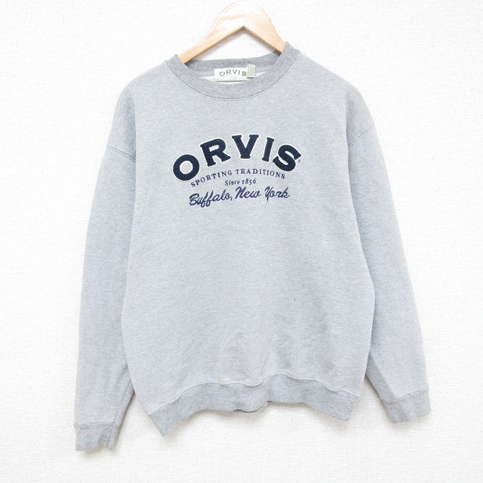 L★古着 オービス ORVIS 長袖 スウェット メンズ 00年代 00s ビッグロゴ 刺繍 クルーネック グレー 霜降り 25feb21 中古 スエット トレーナー トップス
