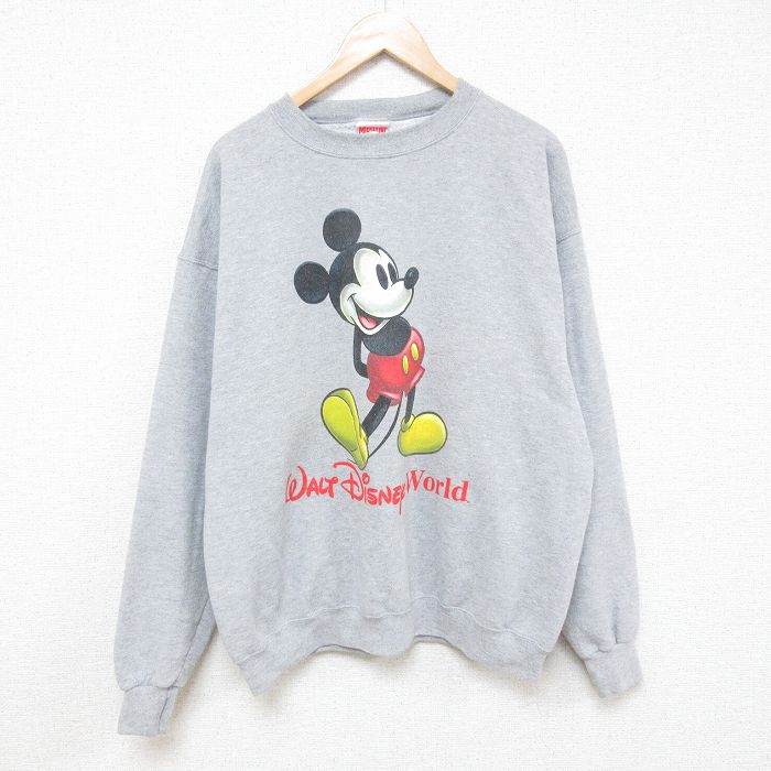 XL★古着 長袖 スウェット メンズ 90年代 90s ディズニー DISNEY ミッキー MICKEY MOUSE クルーネック グレー 霜降り 【spe】 25feb21 中古 スエット トレーナー トップス