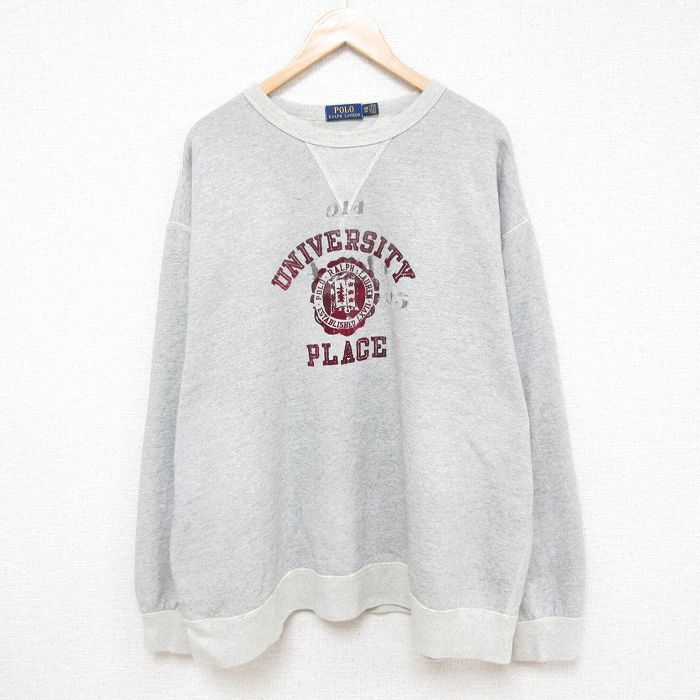 XL★古着 ラルフローレン Ralph Lauren 長袖 スウェット メンズ 大学 フロッキープリント 大きいサイズ クルーネック グレー 霜降り 25feb21 中古 スエット トレーナー トップス