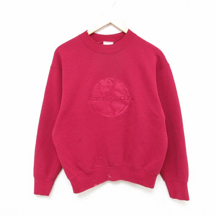 【20%OFF】M★古着 長袖 スウェット メンズ 90年代 90s 地球 クルーネック カナダ製 赤 レッド 25feb21 中古 スエット トレーナー トップス