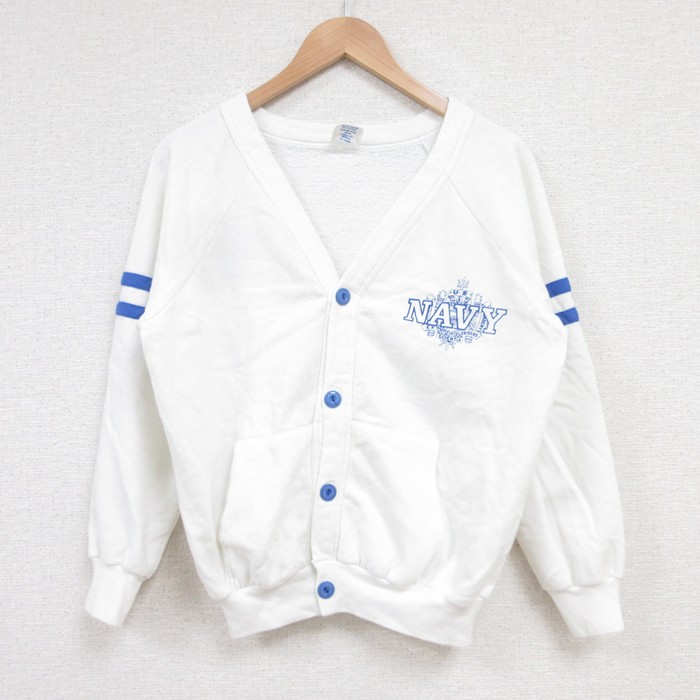 M★古着 長袖 スウェット カーディガン メンズ 90年代 90s ミリタリー ネイビー NAVY Vネック USA製 白 ホワイト 【spe】 25feb21 中古 スエット トレーナー トップス