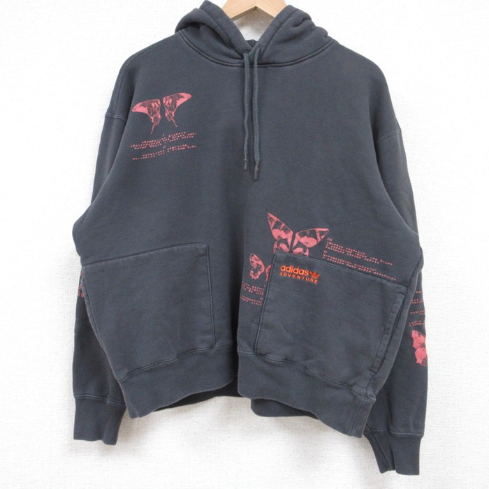 L★古着 アディダス adidas 長袖 スウェット パーカー メンズ チョウ コットン 黒 ブラック 25feb21 中古 スエット トレーナー トップス