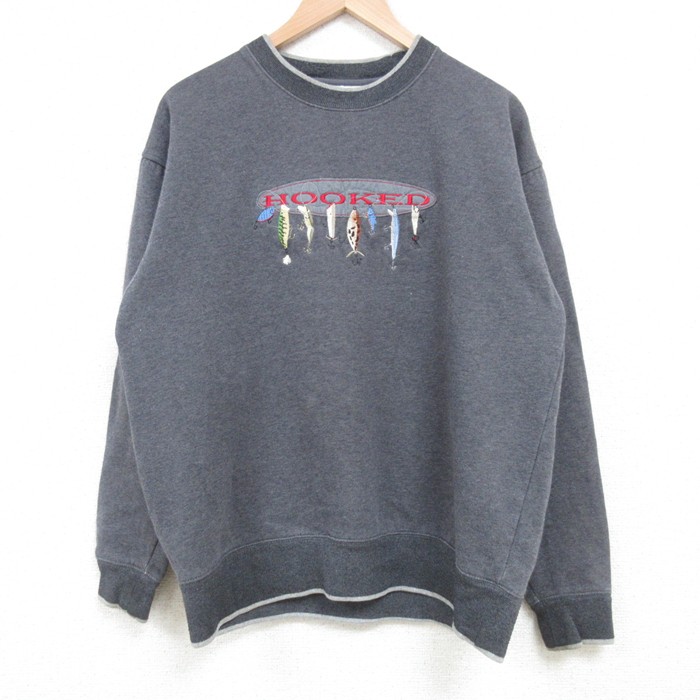 L★古着 長袖 スウェット メンズ 00年代 00s 魚 刺繍 クルーネック 濃グレー 霜降り 25feb21 中古 スエット トレーナー トップス