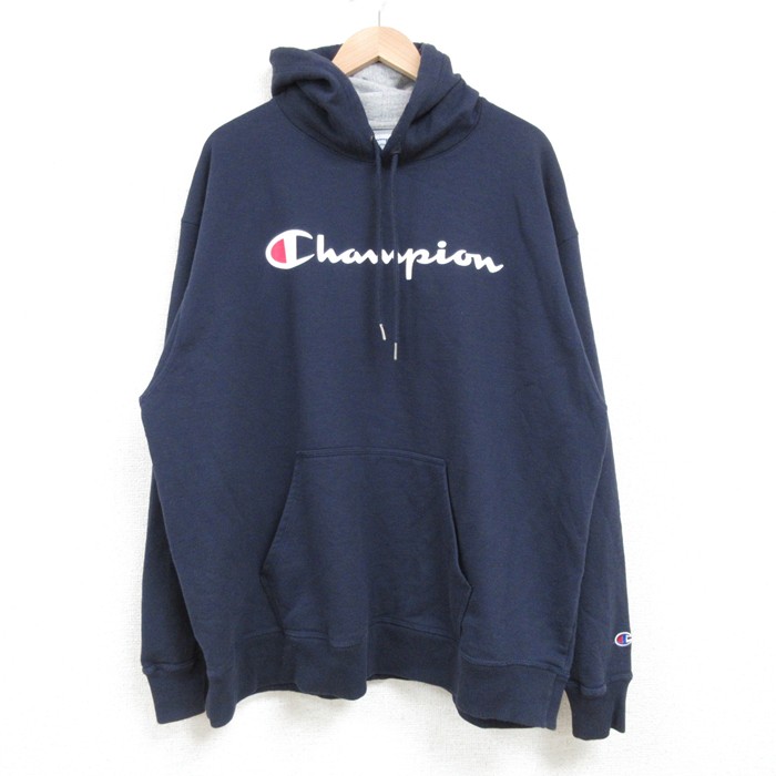 XL★古着 チャンピオン Champion 長袖 スウェット パーカー メンズ ビッグロゴ 大きいサイズ クルーネック 紺 ネイビー 25feb21 中古 スエット トレーナー トップス