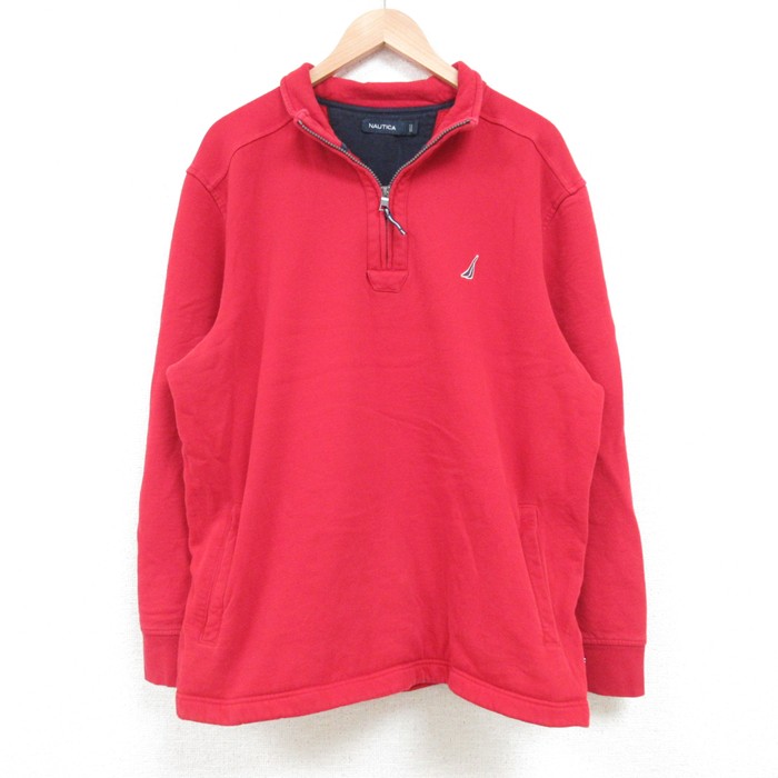 XL★古着 ノーティカ NAUTICA 長袖 ブランド ハーフジップ スウェット メンズ ワンポイントロゴ 赤 レッド 25feb21 中古 スエット トレーナー トップス