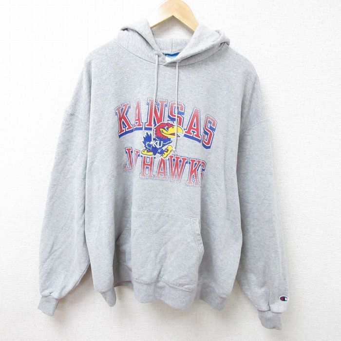 XL★古着 チャンピオン Champion 長袖 スウェット パーカー メンズ カンザス ジェイホークス 大きいサイズ グレー 霜降り 25feb21 中古 スエット トレーナー トップス