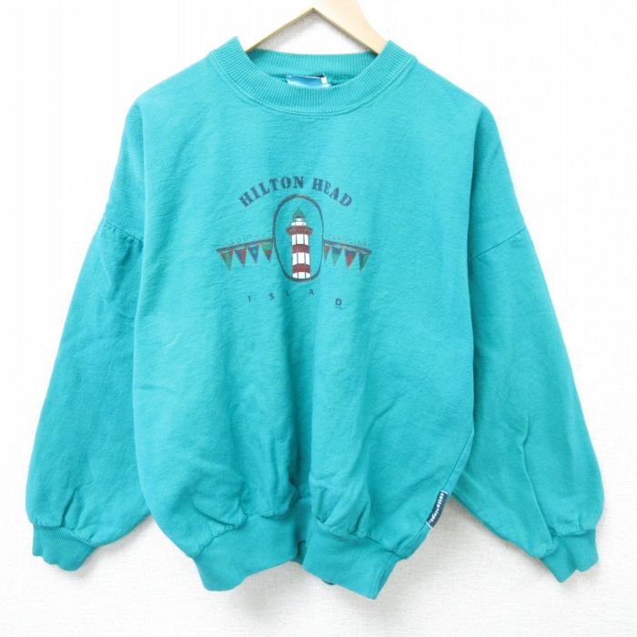 【50%OFF】XL★古着 長袖 スウェット メンズ 90年代 90s 灯台 大きいサイズ コットン クルーネック USA製 緑 グリーン 25feb21 中古 スエット トレーナー トップス