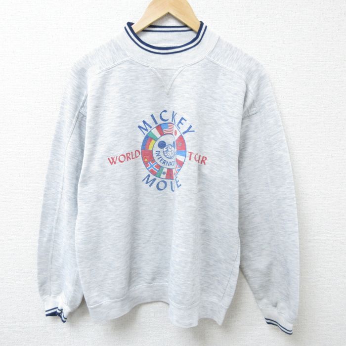 【50%OFF】L★古着 長袖 スウェット メンズ 90年代 90s ディズニー DISNEY ミッキー MICKEY MOUSE モックネック ハイネック グレー 霜降り 25feb21 中古 スエット トレーナー トップス
