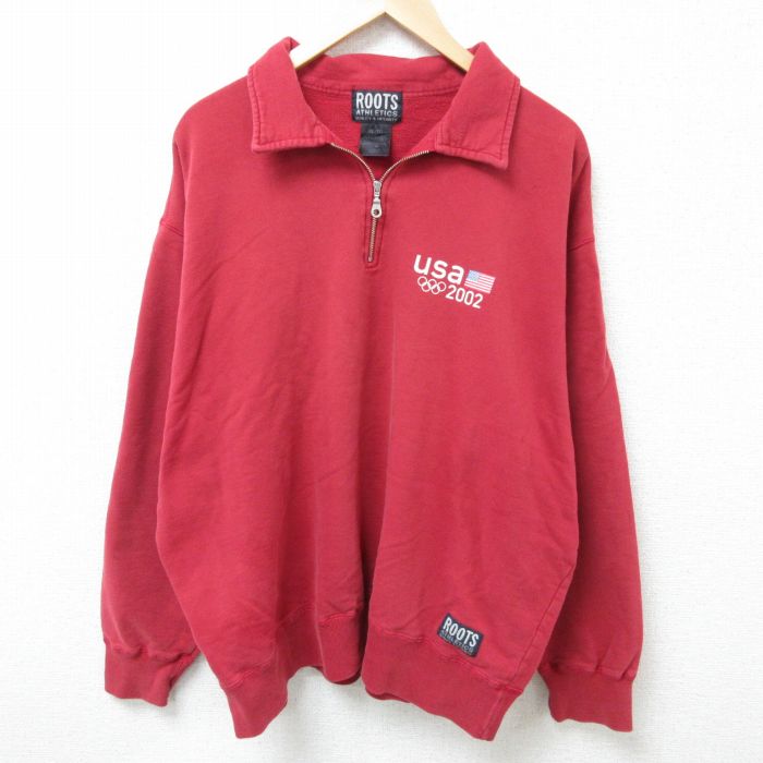 【50%OFF】XL★古着 長袖 ハーフジップ スウェット メンズ 00年代 00s 2002 USA オリンピック 大きいサイズ 襟付き カナダ製 赤 レッド 25feb21 中古 スエット トレーナー トップス