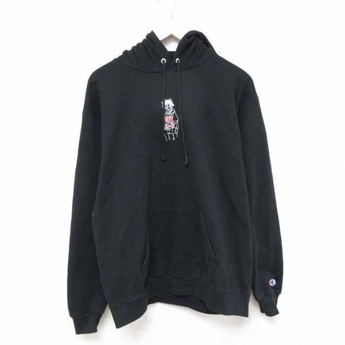 L★古着 チャンピオン Champion 長袖 スウェット パーカー メンズ 00年代 00s 女性 刺繍 黒 ブラック 25feb22 中古 スエット トレーナー トップス