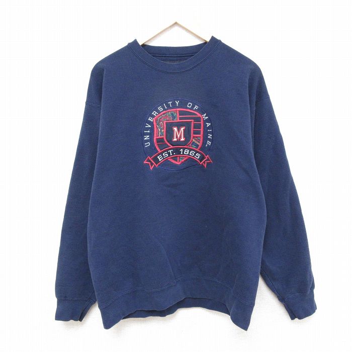L★古着 ジャンスポーツ 長袖 スウェット メンズ 90年代 90s メイン カレッジ 刺繍 クルーネック USA製 紺 ネイビー 25feb22 中古 スエット トレーナー トップス