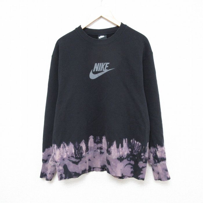 XL★古着 ナイキ NIKE 長袖 スウェット メンズ ビッグロゴ JUST DO IT コットン クルーネック 黒他 ブラック ブリーチ加工 25feb22 中古 スエット トレーナー トップス