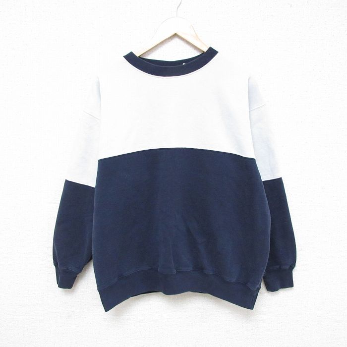 【50%OFF】L★古着 長袖 スウェット メンズ 00年代 00s 無地 ツートンカラー クルーネック 紺他 ネイビー 25feb22 中古 スエット トレーナー トップス
