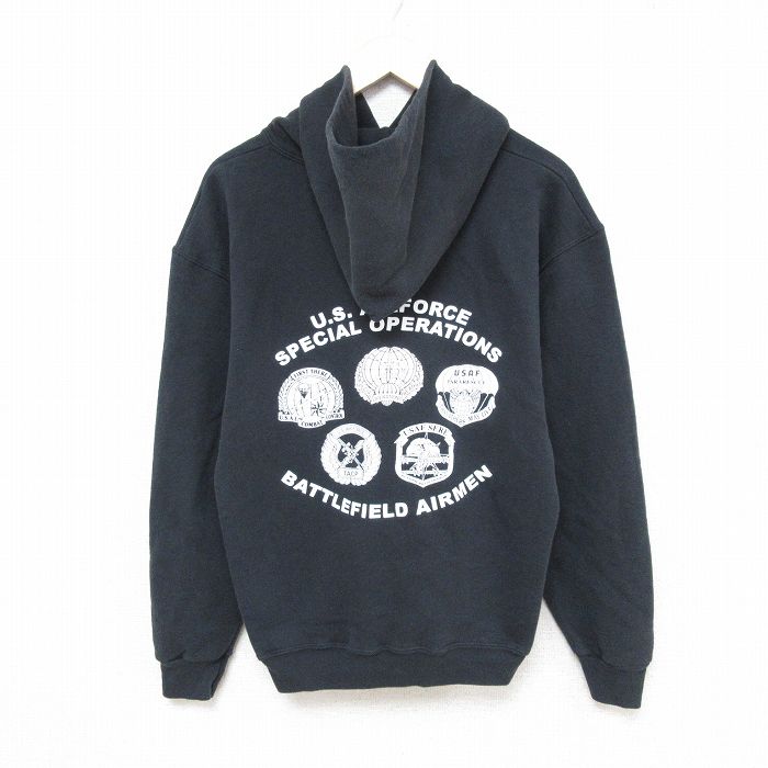 L★古着 長袖 スウェット パーカー メンズ 90年代 90s ミリタリー USエアフォース USA製 黒 ブラック 25feb22 中古 スエット トレーナー トップス