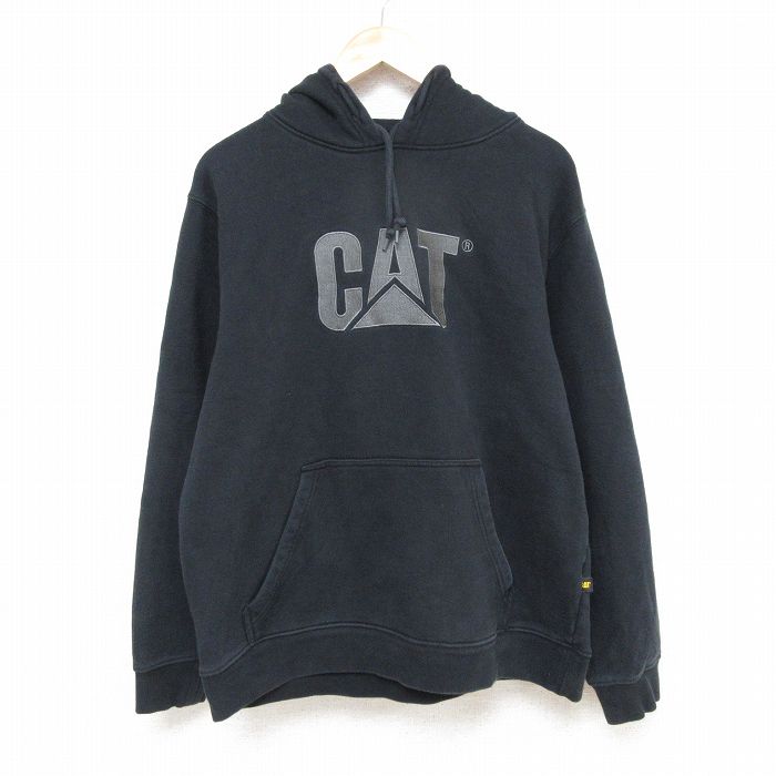 【50%OFF】XL★古着 長袖 スウェット パーカー メンズ CAT 刺繍 黒 ブラック 25feb22 中古 スエット トレーナー トップス