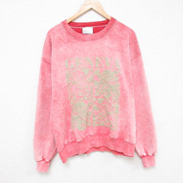 L★古着 長袖 スウェット メンズ 00年代 00s GENEVA クルーネック ピンク ブリーチ加工 25feb22 中古 スエット トレーナー トップス