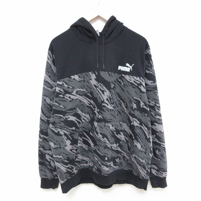 XL★古着 プーマ puma 長袖 スウェット パーカー メンズ ワンポイントロゴ 黒他 ブラック 迷彩 25feb22 中古 スエット トレーナー トップス