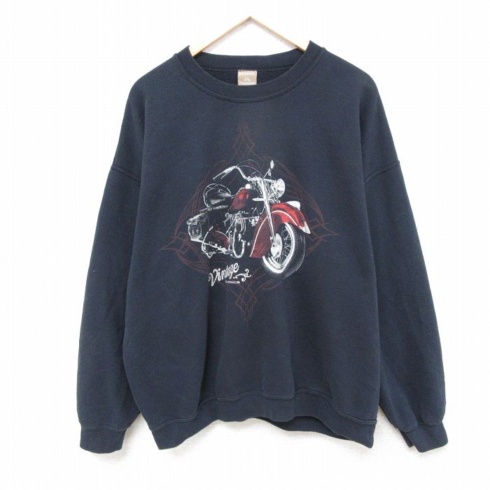 【50%OFF】XL★古着 長袖 スウェット メンズ バイク 大きいサイズ クルーネック 黒 ブラック 25feb22 中古 スエット トレーナー トップス
