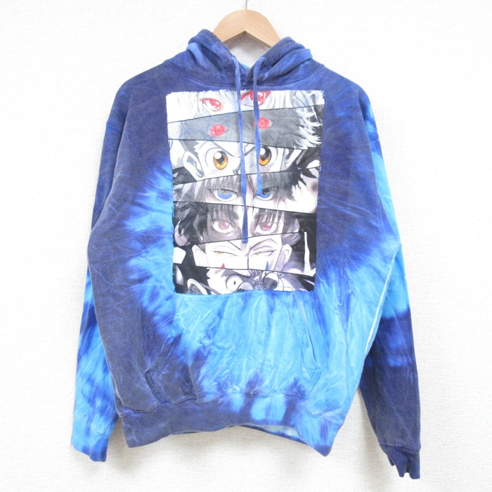 M★古着 長袖 スウェット パーカー メンズ 00年代 00s アニメ ハンターハンター ゴン キルア 青他 ブルー タイダイ 25feb22 中古 スエット トレーナー トップス