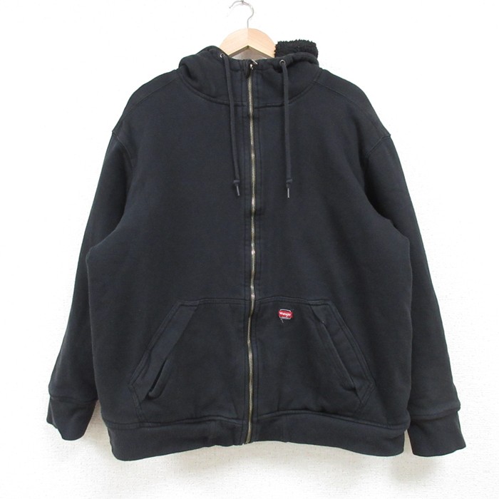XL★古着 ラングラー Wrangler 長袖 フルジップ スウェット パーカー メンズ 無地 黒 ブラック 内側ボア 25feb22 中古 スエット トレーナー トップス