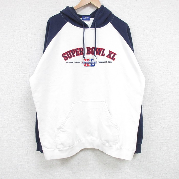 【20%OFF】XL★古着 リーボック REEBOK 長袖 スウェット パーカー メンズ 00年代 00s SUPER BOWL ツートンカラー 大きいサイズ ラグラン 白他 ホワイト 25feb22 中古 スエット トレーナー トップス