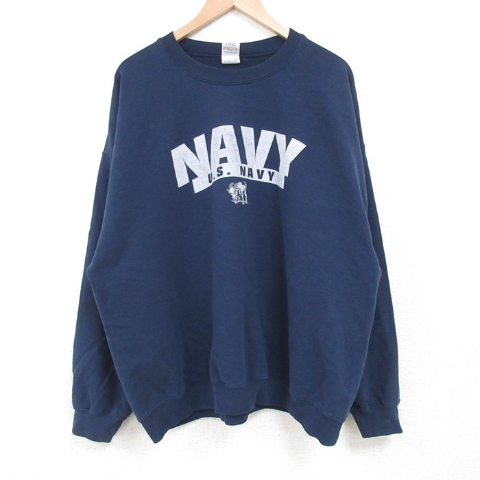 XL★古着 長袖 スウェット メンズ 00年代 00s ミリタリー ネイビー NAVY 大きいサイズ クルーネック 紺 25feb22 中古 スエット トレーナー トップス