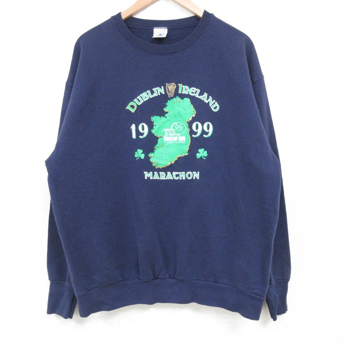 L★古着 長袖 スウェット メンズ 90年代 90s MARACHON クルーネック 紺 ネイビー 25feb22 中古 スエット トレーナー トップス