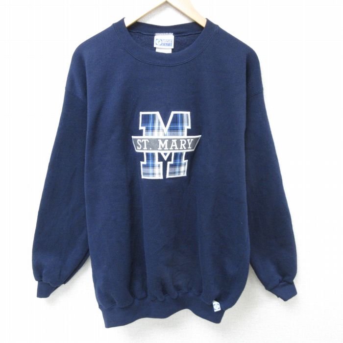 【50%OFF】L★古着 ディスカス 長袖 スウェット メンズ 90年代 90s ST MARY 刺繍 クルーネック 紺 ネイビー 25feb22 中古 スエット トレーナー トップス